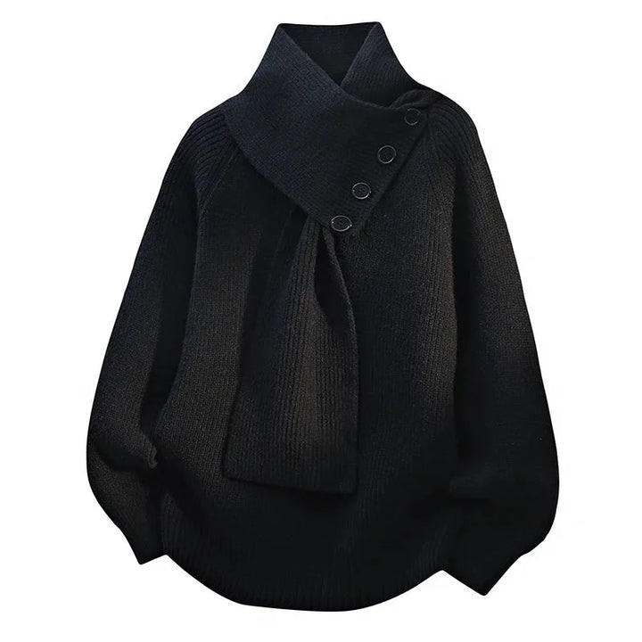 Women's Oversized Knit Sweater – Button-Detail Scarf-Neck