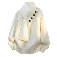 Women's Oversized Knit Sweater – Button-Detail Scarf-Neck
