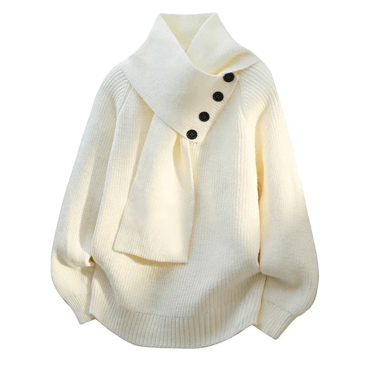 Women's Oversized Knit Sweater – Button-Detail Scarf-Neck