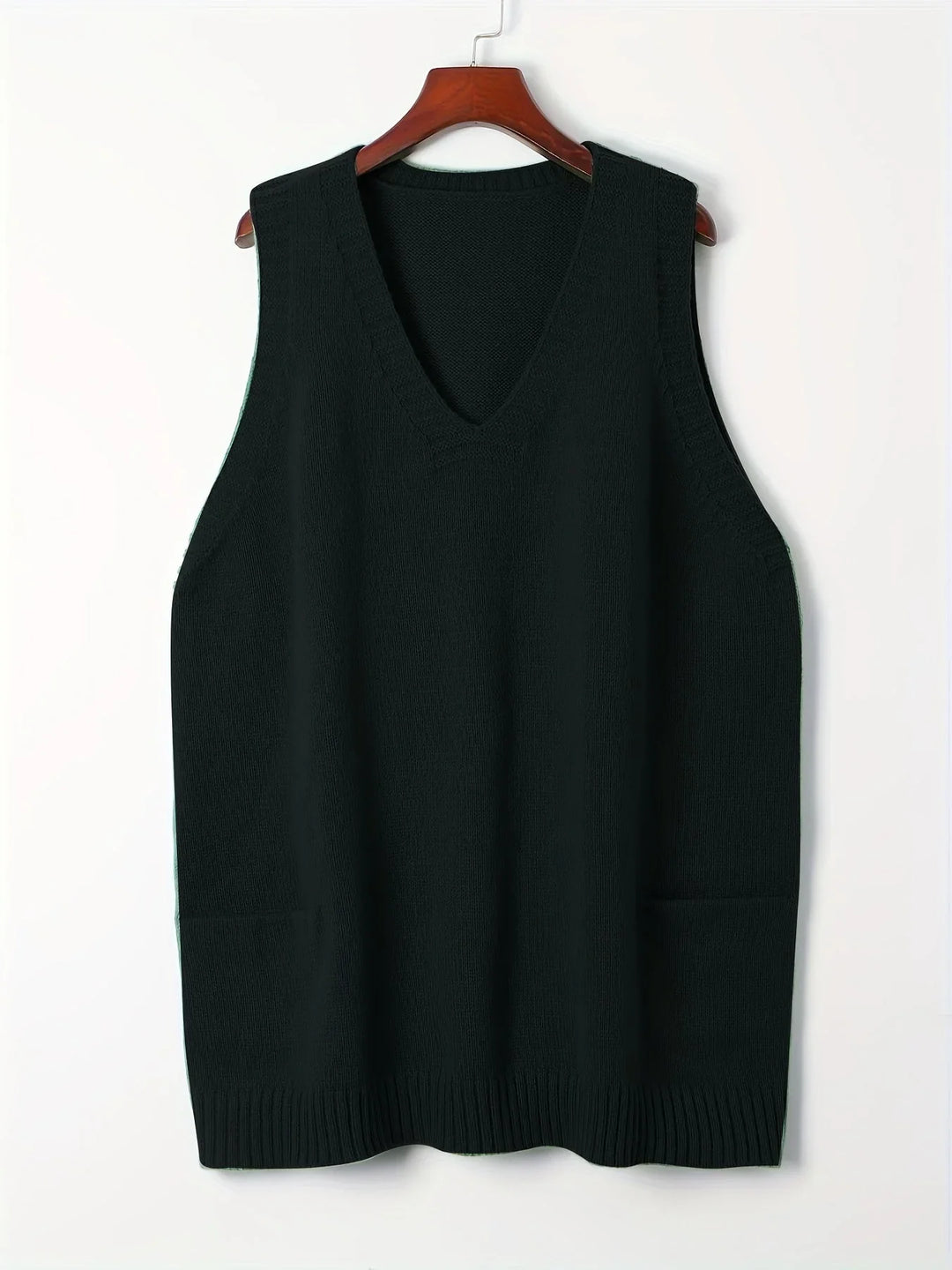 Women's Oversized Knit Vest – V-Neck Sleeveless Tunic Length And Patch Pockets