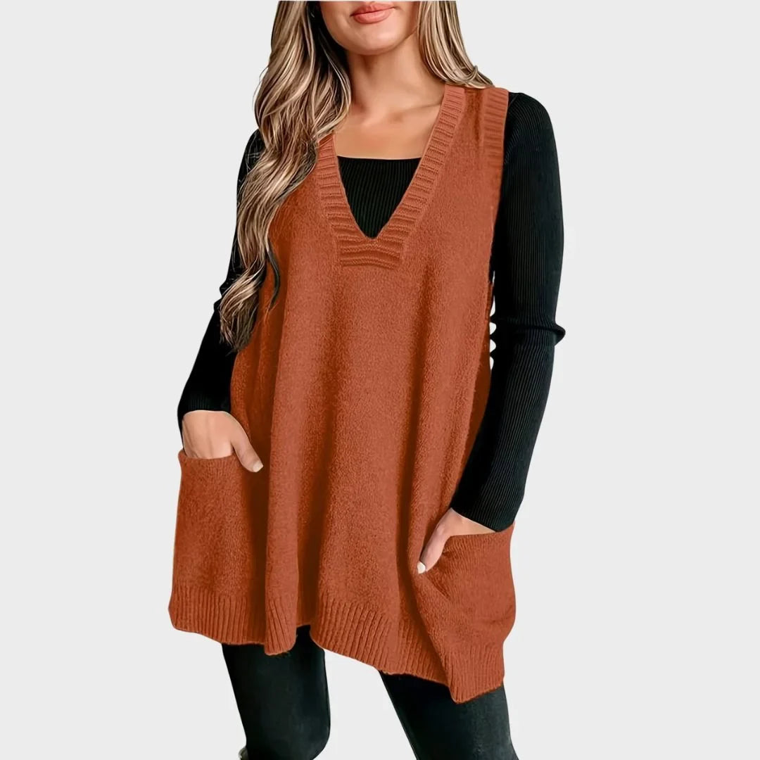 Women's Oversized Knit Vest – V-Neck Sleeveless Tunic Length And Patch Pockets