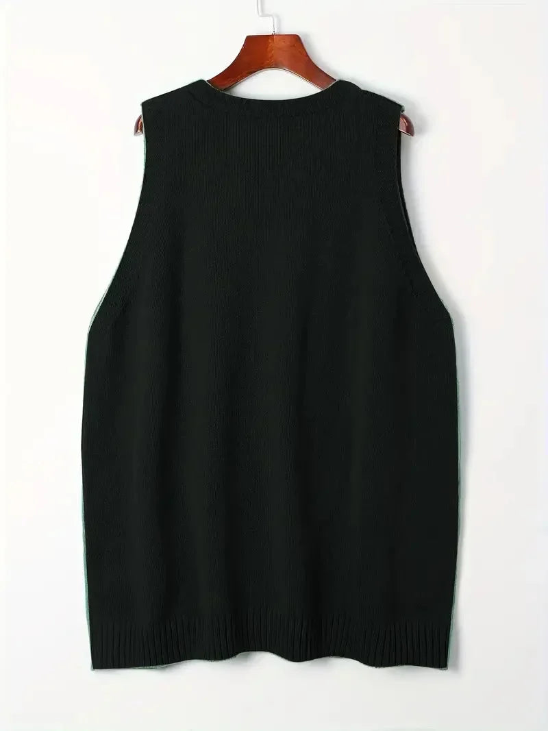 Women's Oversized Knit Vest – V-Neck Sleeveless Tunic Length And Patch Pockets