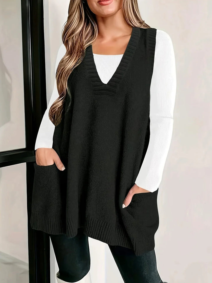 Women's Oversized Knit Vest – V-Neck Sleeveless Tunic Length And Patch Pockets