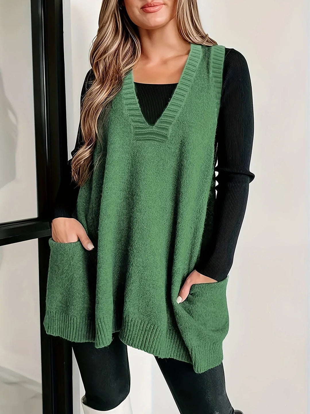 Women's Oversized Knit Vest – V-Neck Sleeveless Tunic Length And Patch Pockets
