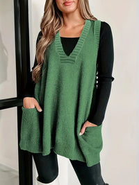 Women's Oversized Knit Vest – V-Neck Sleeveless Tunic Length And Patch Pockets