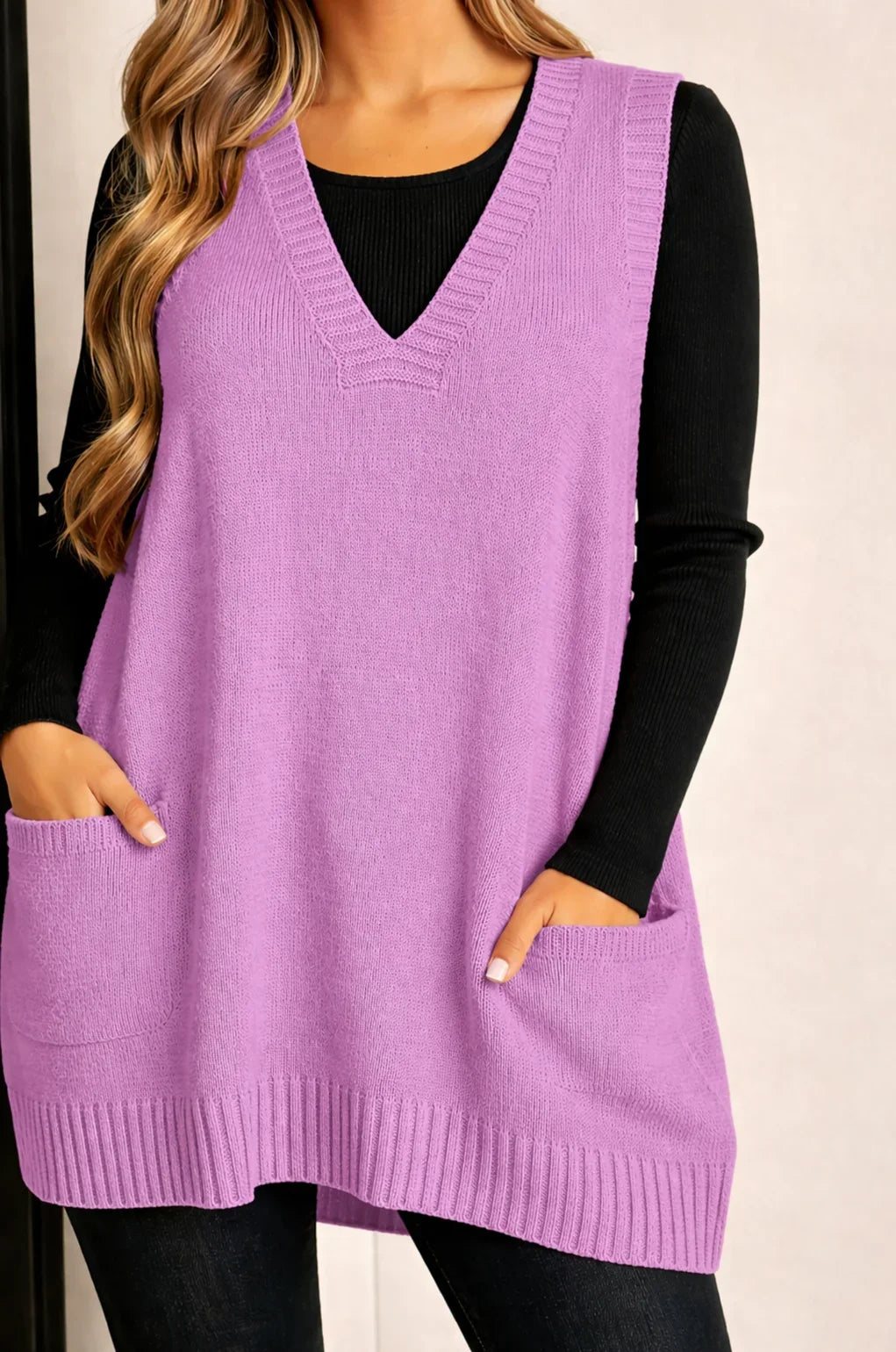 Women's Oversized Knit Vest – V-Neck Sleeveless Tunic Length And Patch Pockets