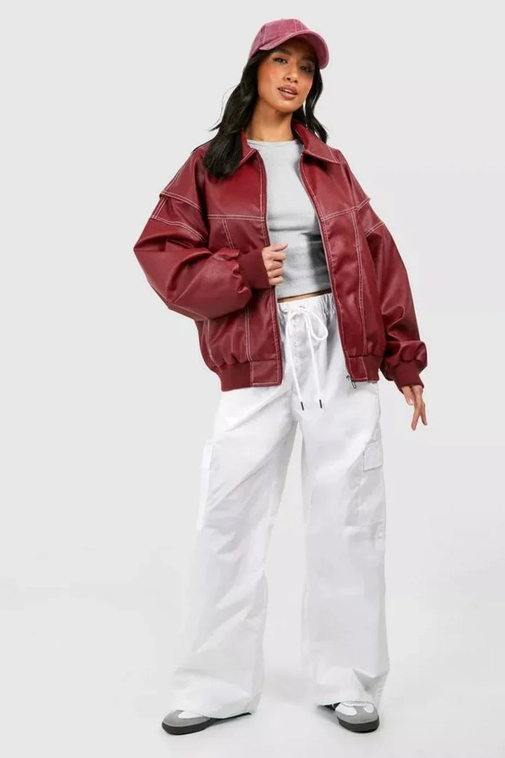 Women's Oversized Quilted Jacket Contrast Stitch Bomber