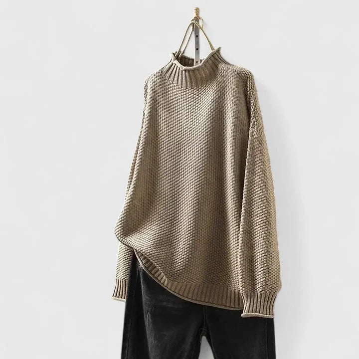 Women's Oversized Textured Knit Sweater – Mock-Neck Long Sleeves