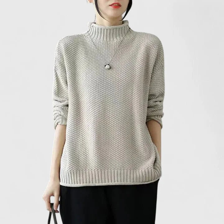 Women's Oversized Textured Knit Sweater – Mock-Neck Long Sleeves