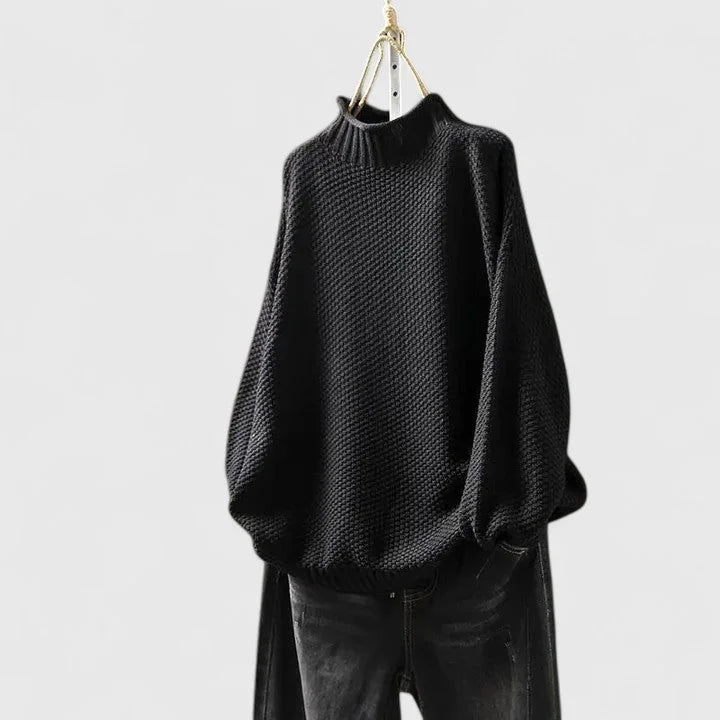 Women's Oversized Textured Knit Sweater – Mock-Neck Long Sleeves