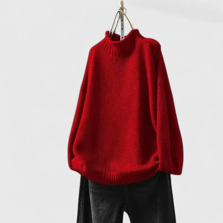Women's Oversized Textured Knit Sweater – Mock-Neck Long Sleeves