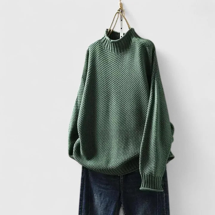 Women's Oversized Textured Knit Sweater – Mock-Neck Long Sleeves