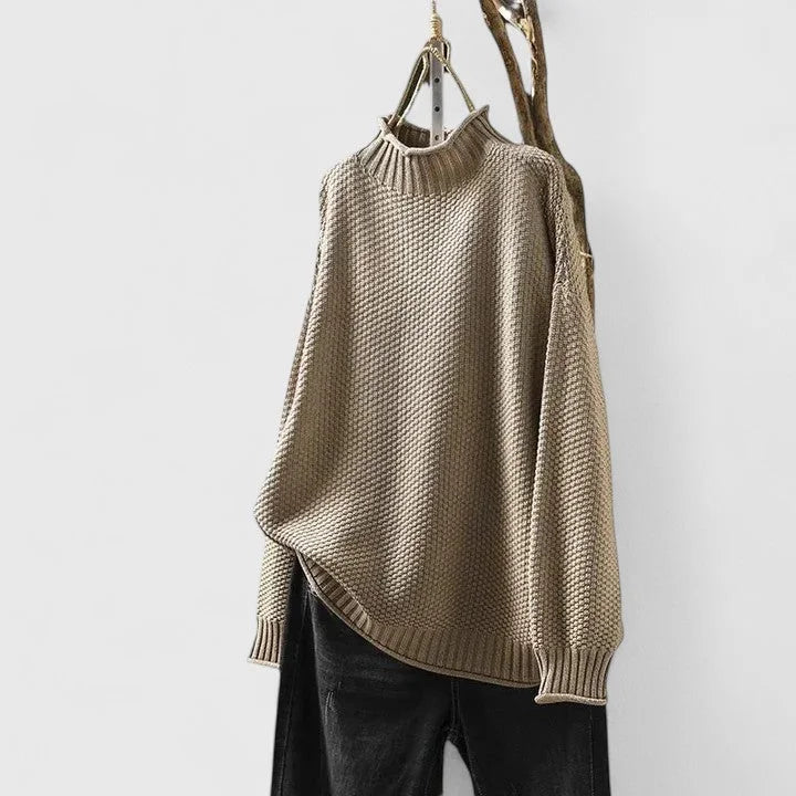 Women's Oversized Textured Knit Sweater – Mock-Neck Long Sleeves