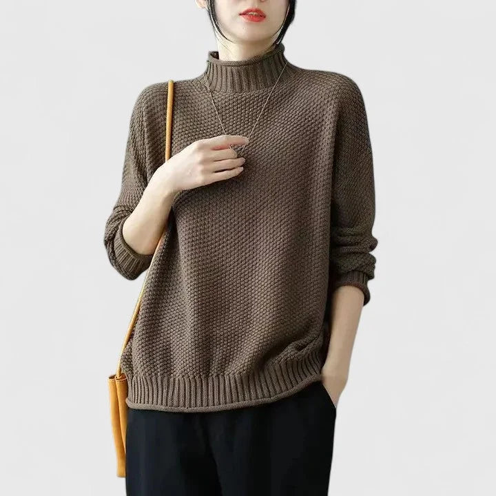 Women's Oversized Textured Knit Sweater – Mock-Neck Long Sleeves
