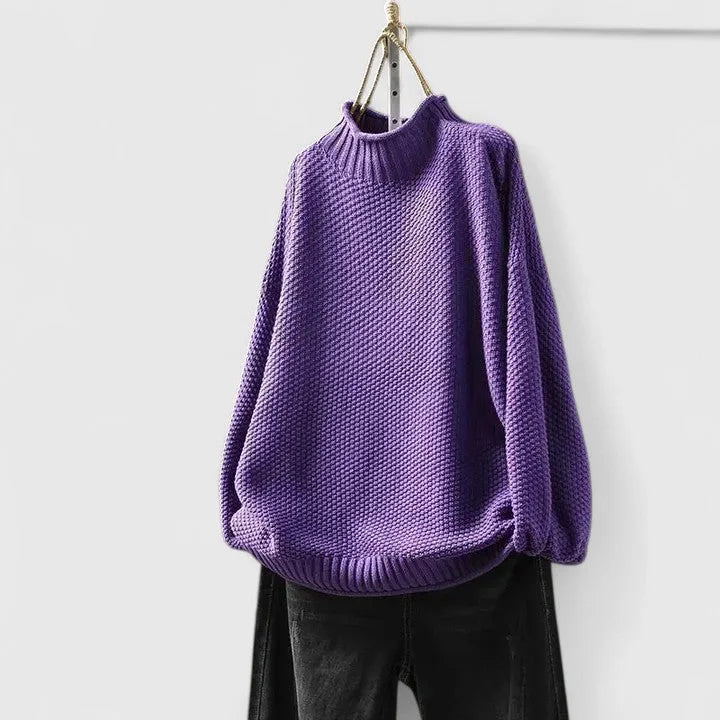 Women's Oversized Textured Knit Sweater – Mock-Neck Long Sleeves