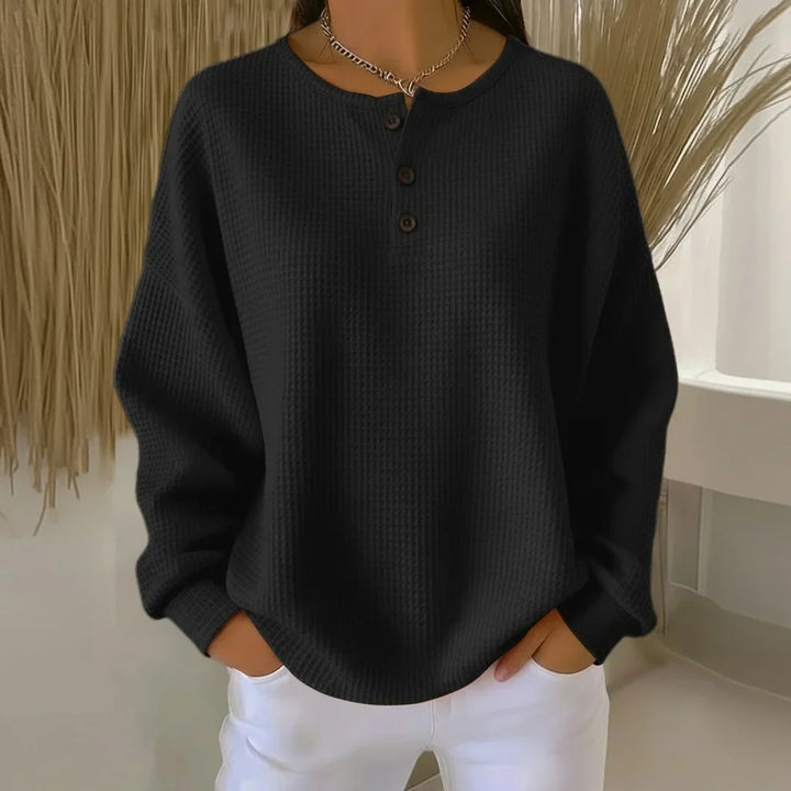 Women's Oversized Waffle Knit Sweater – Long-Sleeve Henley Design