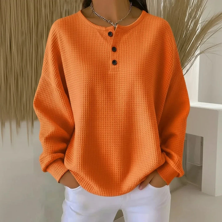 Women's Oversized Waffle Knit Sweater – Long-Sleeve Henley Design