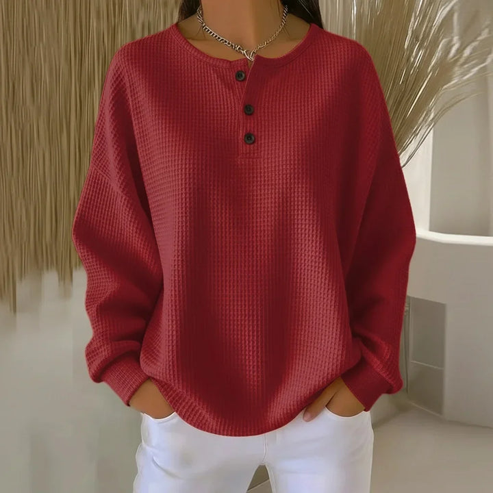 Women's Oversized Waffle Knit Sweater – Long-Sleeve Henley Design