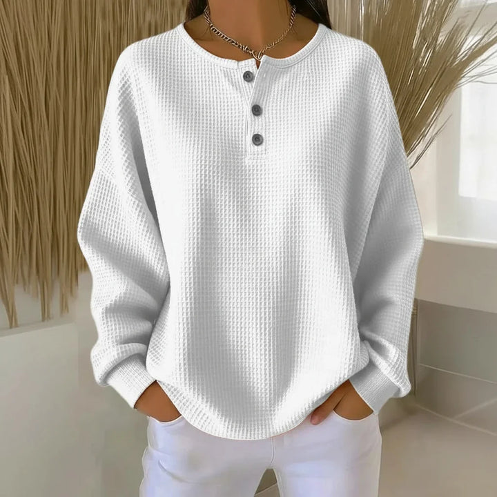 Women's Oversized Waffle Knit Sweater – Long-Sleeve Henley Design