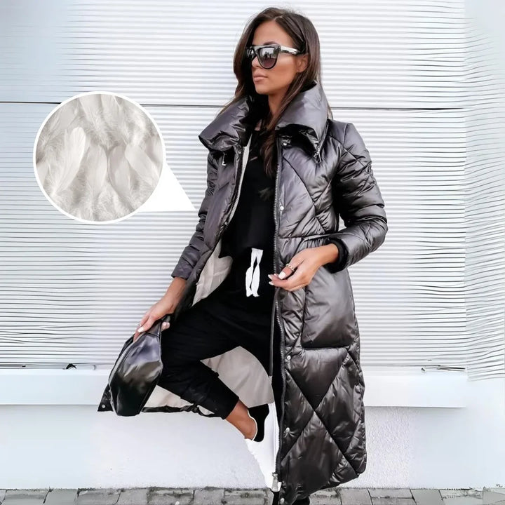 Women's Padded Long Puffer Coat – Quilted Design And Stand-Up Collar