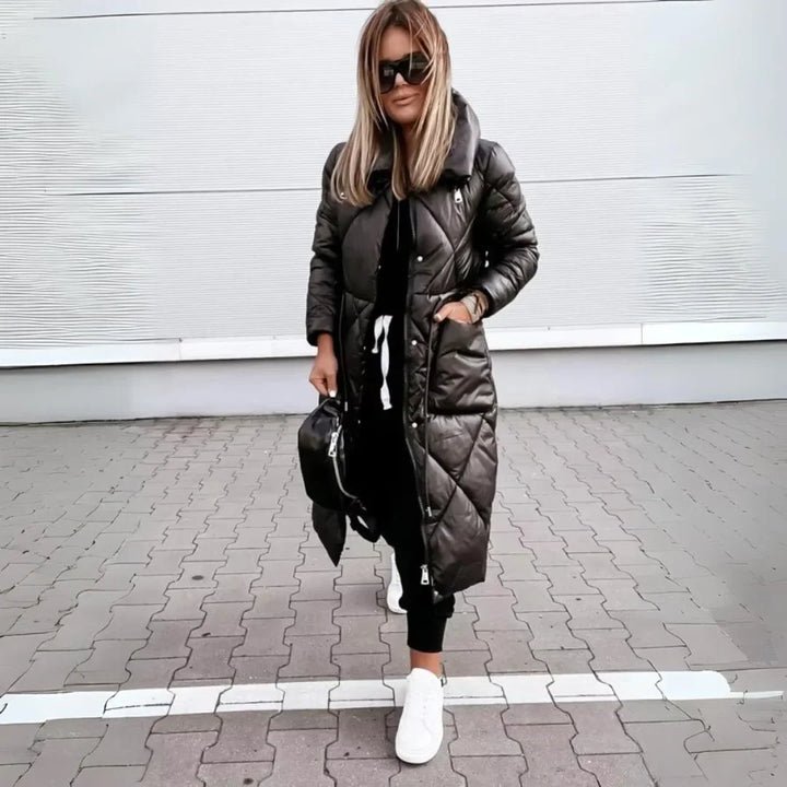 Women's Padded Long Puffer Coat – Quilted Design And Stand-Up Collar