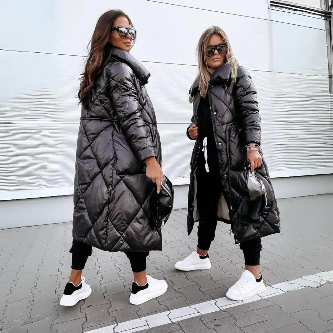 Women's Padded Long Puffer Coat – Quilted Design And Stand-Up Collar