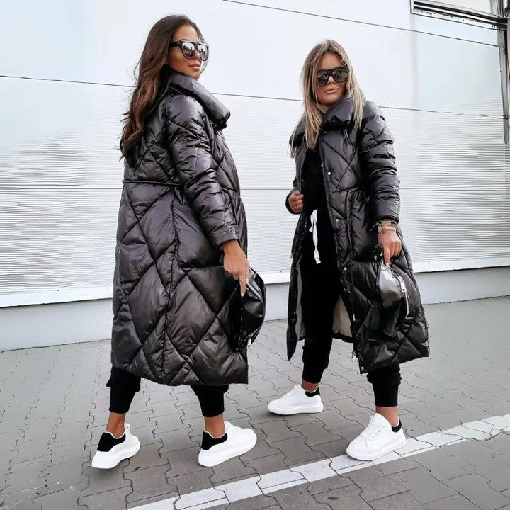 Women's Padded Long Puffer Coat – Quilted Design And Stand-Up Collar