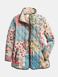 Women's Patchwork Floral Quilted Jacket – Stand-Up Collar And Snap-Button Front