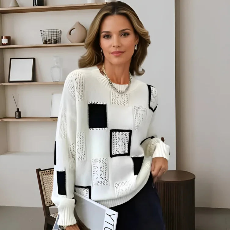 Women's Patchwork Relaxed-Fit Knit Sweater – Crew Neck
