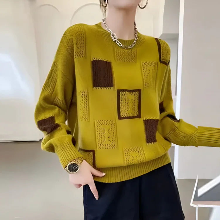 Women's Patchwork Relaxed-Fit Knit Sweater – Crew Neck