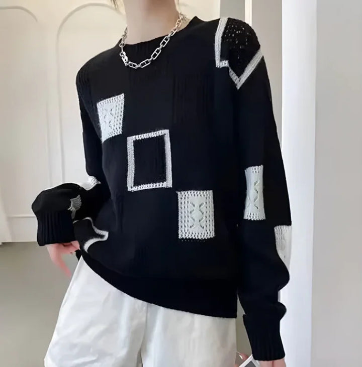 Women's Patchwork Relaxed-Fit Knit Sweater – Crew Neck