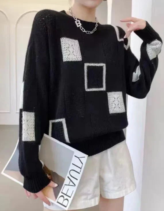 Women's Patchwork Relaxed-Fit Knit Sweater – Crew Neck