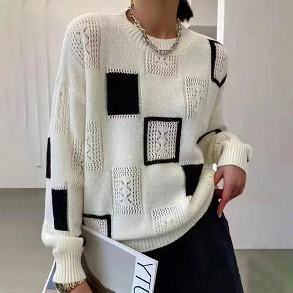 Women's Patchwork Relaxed-Fit Knit Sweater – Crew Neck