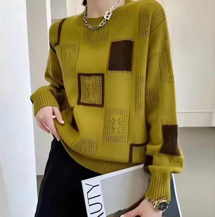 Women's Patchwork Relaxed-Fit Knit Sweater – Crew Neck