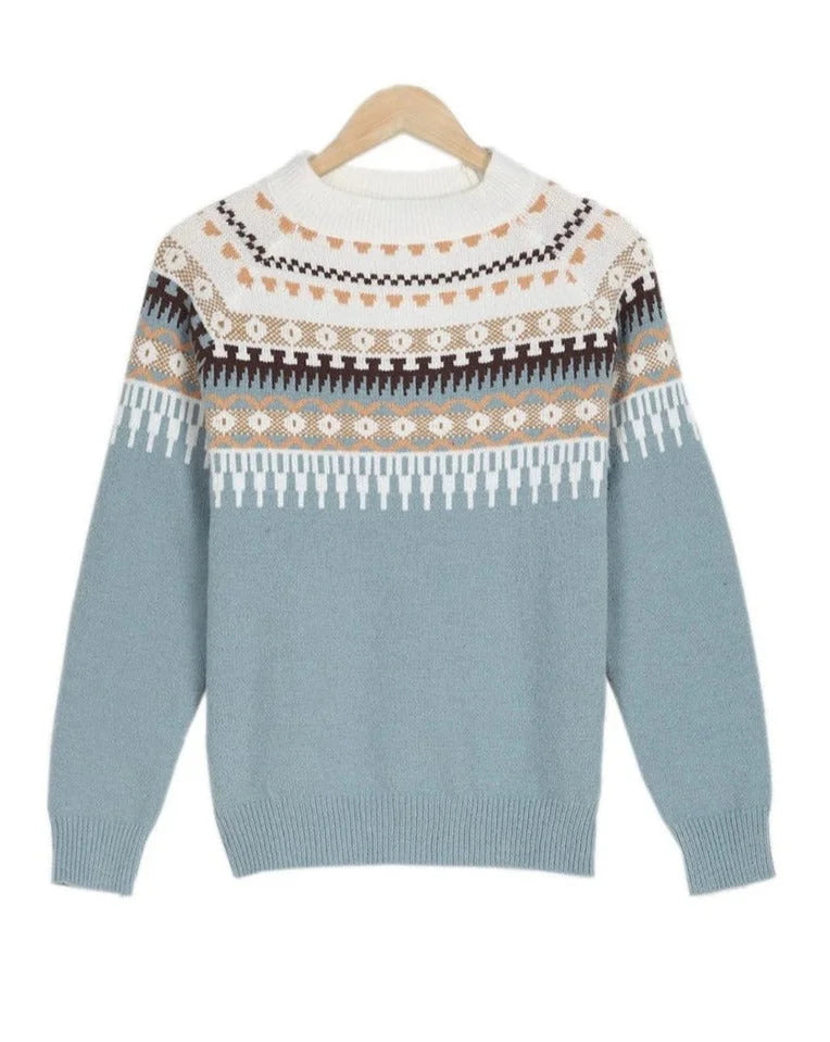 Women's Patterned Yoke Knit Sweater – Long-Sleeve Crew-Neck