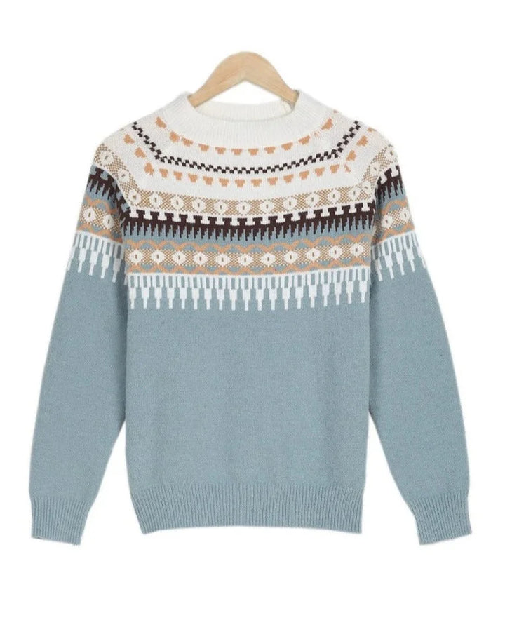 Women's Patterned Yoke Knit Sweater – Long-Sleeve Crew-Neck