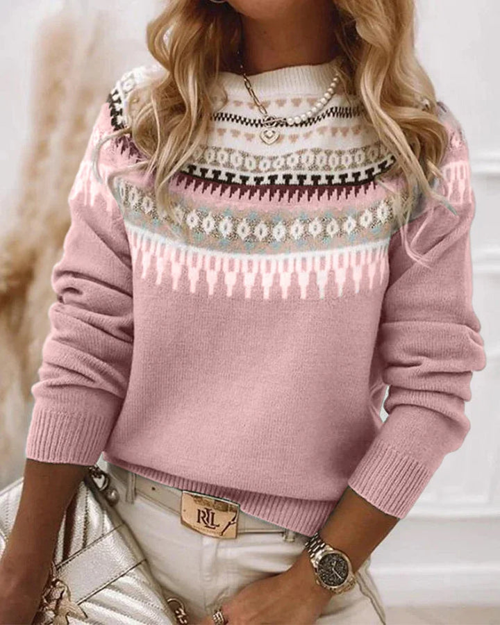 Women's Patterned Yoke Knit Sweater – Long-Sleeve Crew-Neck