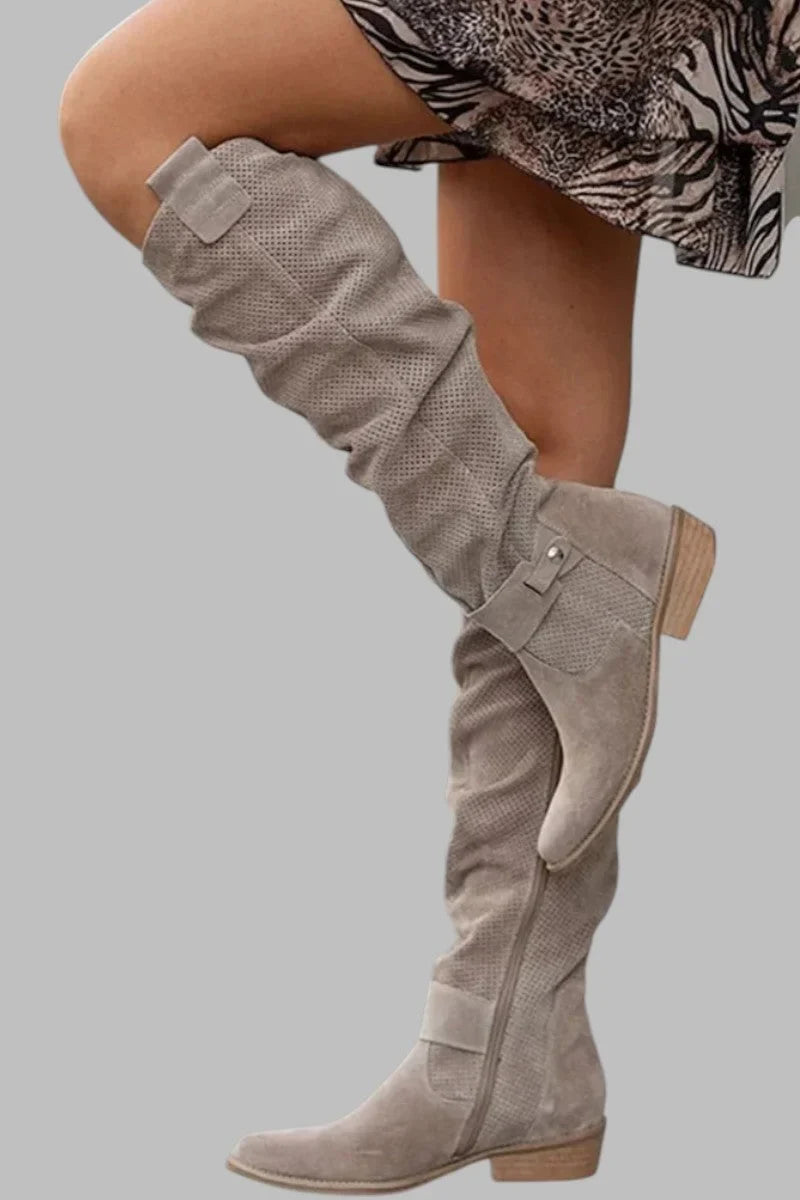 Women's Perforated Suede Slouchy Over-The-Knee Boots – Side-Zip And Buckle Detail