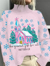 Women's Pink Christmas Graphic Knit Sweater – Turtleneck Long-Sleeve