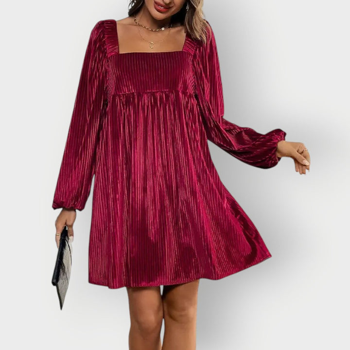 Women's Mini Dress – Pleated Velvet Square-Neck Bishop Sleeve