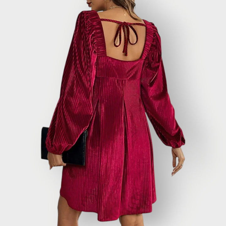 Women's Mini Dress – Pleated Velvet Square-Neck Bishop Sleeve