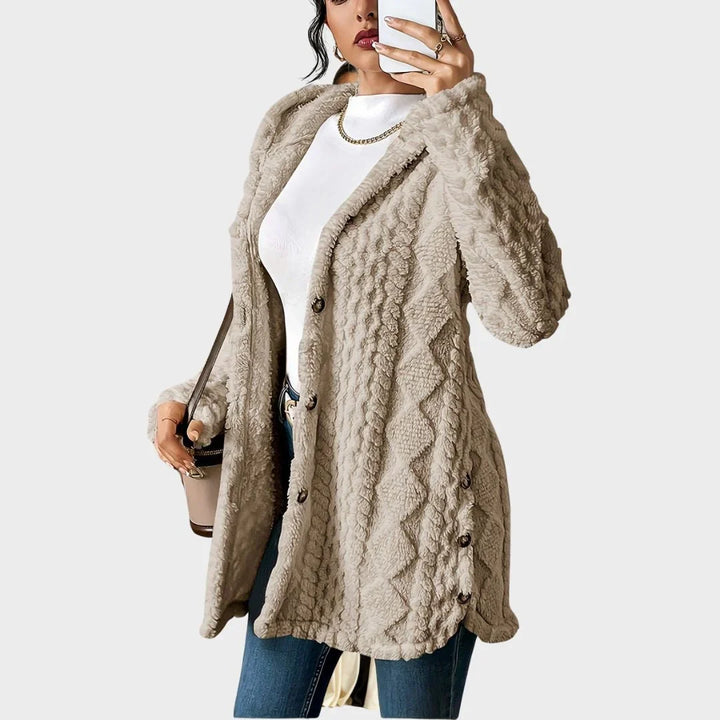 Women's Plush Hooded Longline Teddy Coat – Textured Knit And Buttons