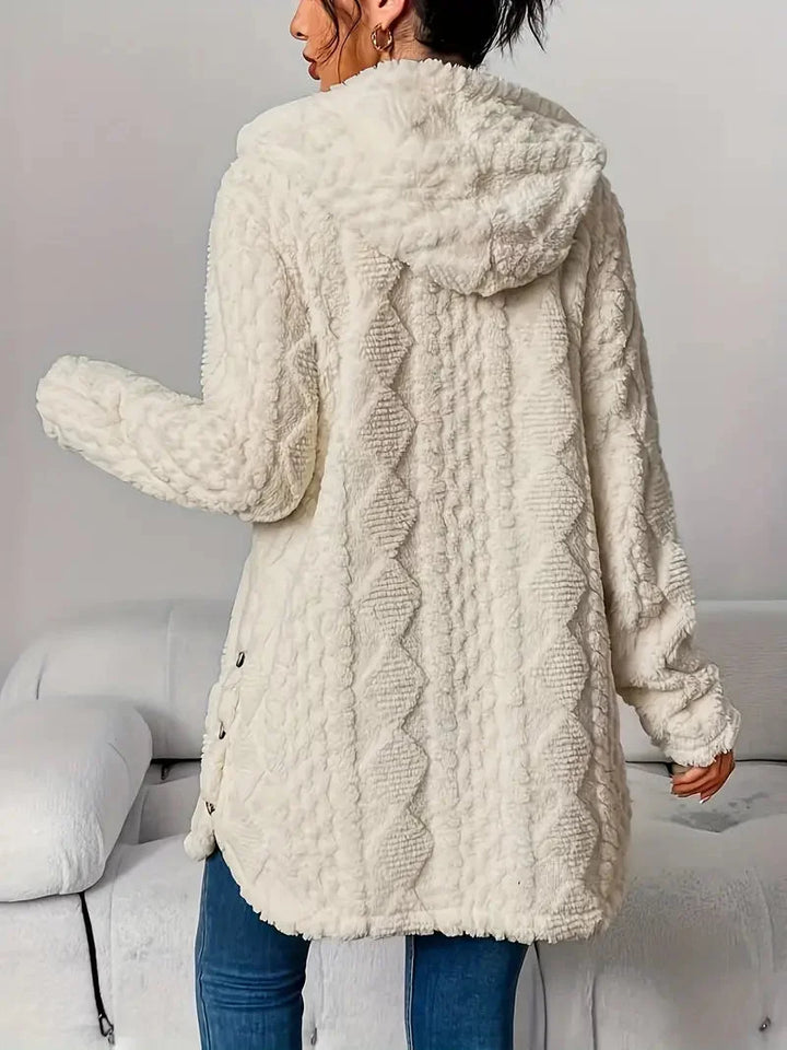 Women's Plush Hooded Longline Teddy Coat – Textured Knit And Buttons