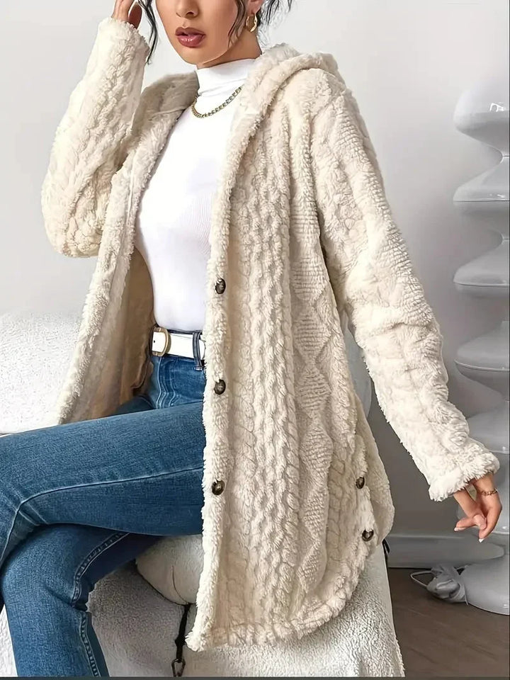 Women's Plush Hooded Longline Teddy Coat – Textured Knit And Buttons