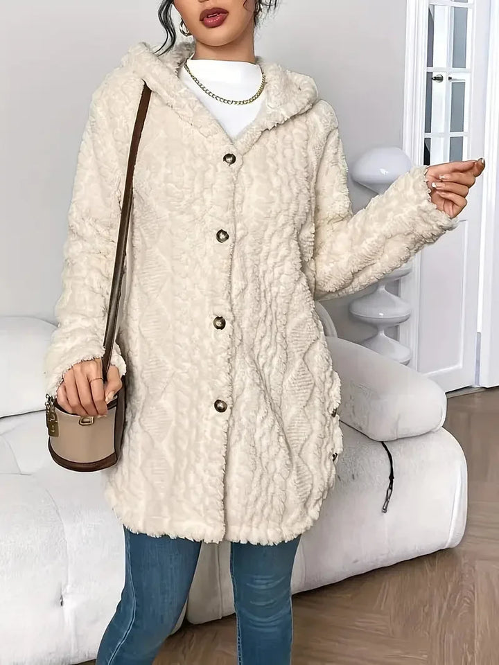 Women's Plush Hooded Longline Teddy Coat – Textured Knit And Buttons