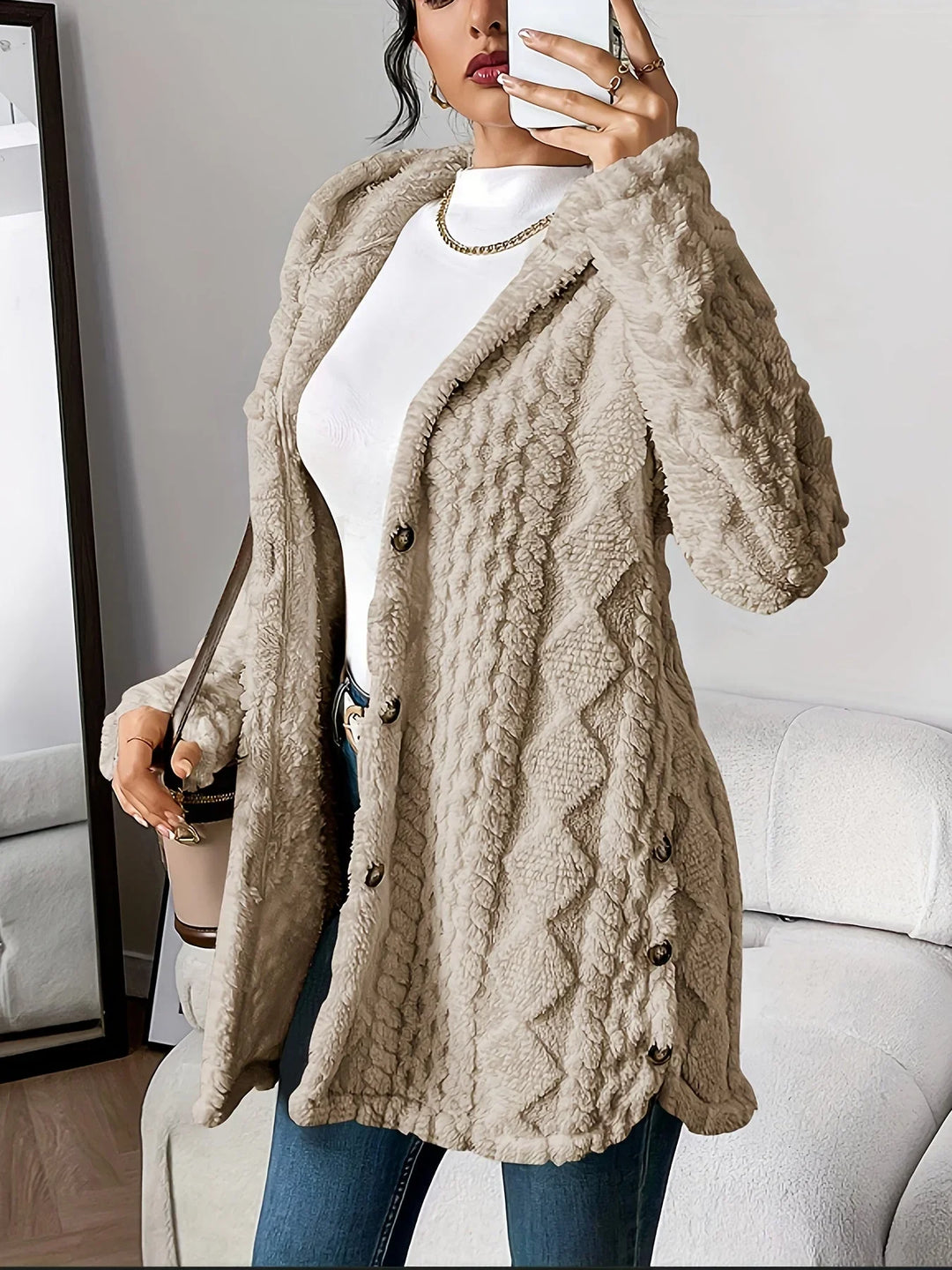 Women's Plush Hooded Longline Teddy Coat – Textured Knit And Buttons