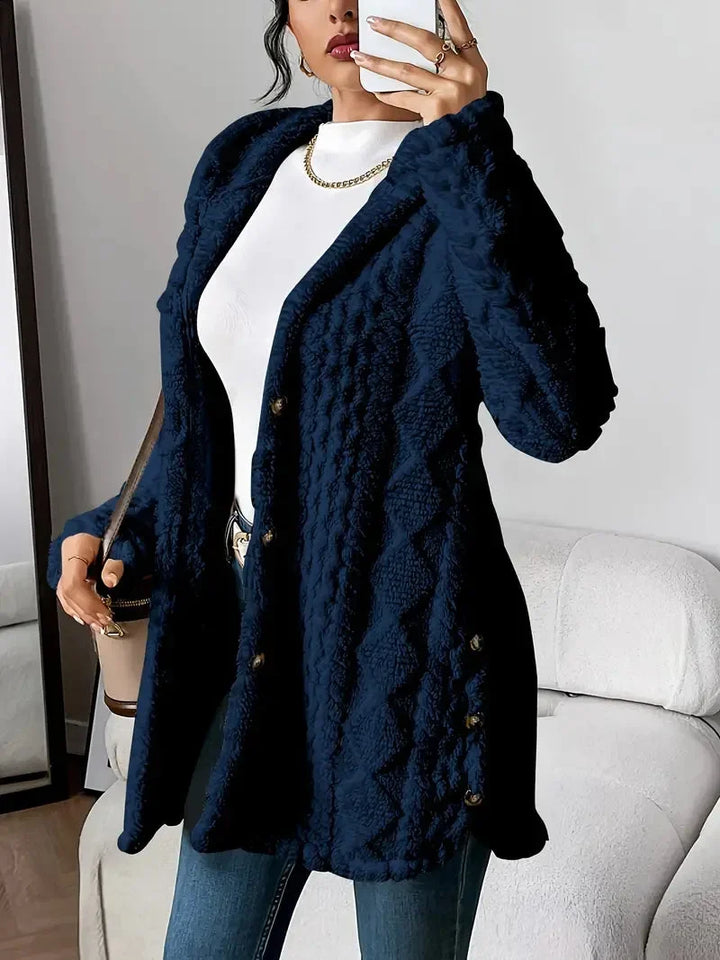 Women's Plush Hooded Longline Teddy Coat – Textured Knit And Buttons