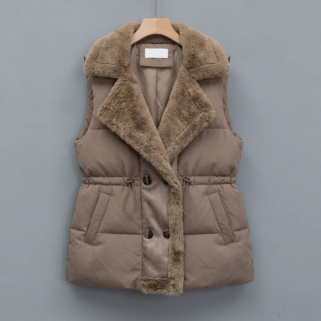 Women's Puffer Gilet – Padded Plush Collar & Cinched Waist