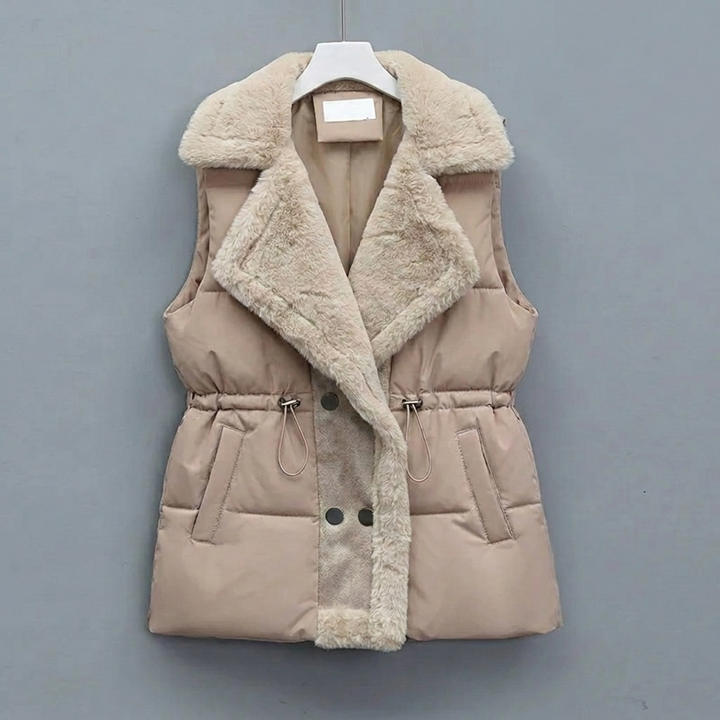 Women's Puffer Gilet – Padded Plush Collar & Cinched Waist