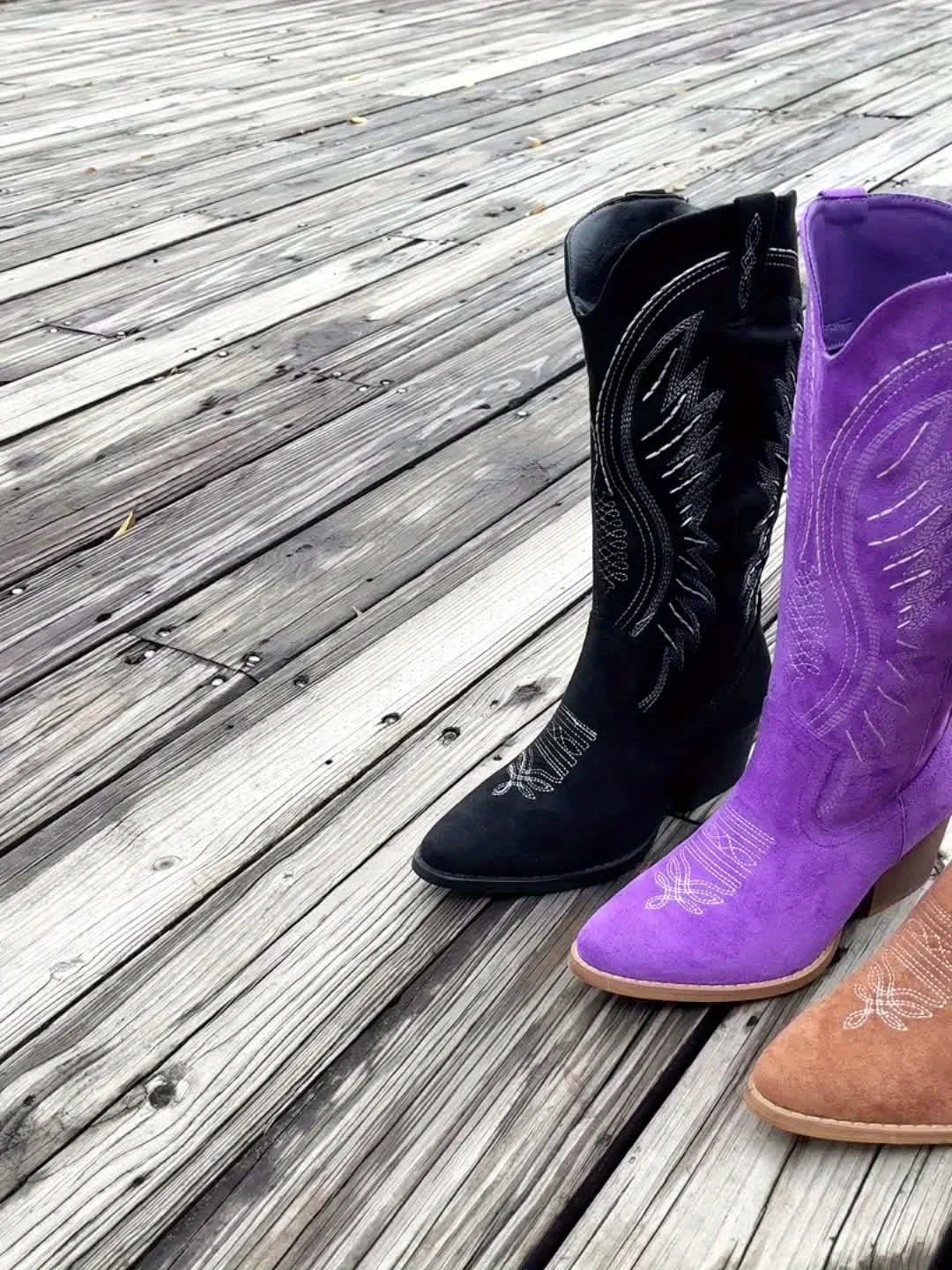 Women's Purple Suede Western Embroidered Boots – Zip-Up Pointed-Toe Chunky-Heel
